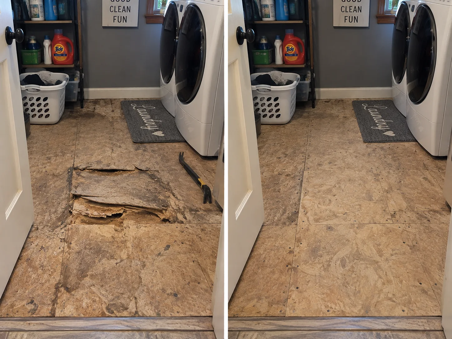 Laundry Room Subfloor and Tile Damage in Iowa City, Iowa