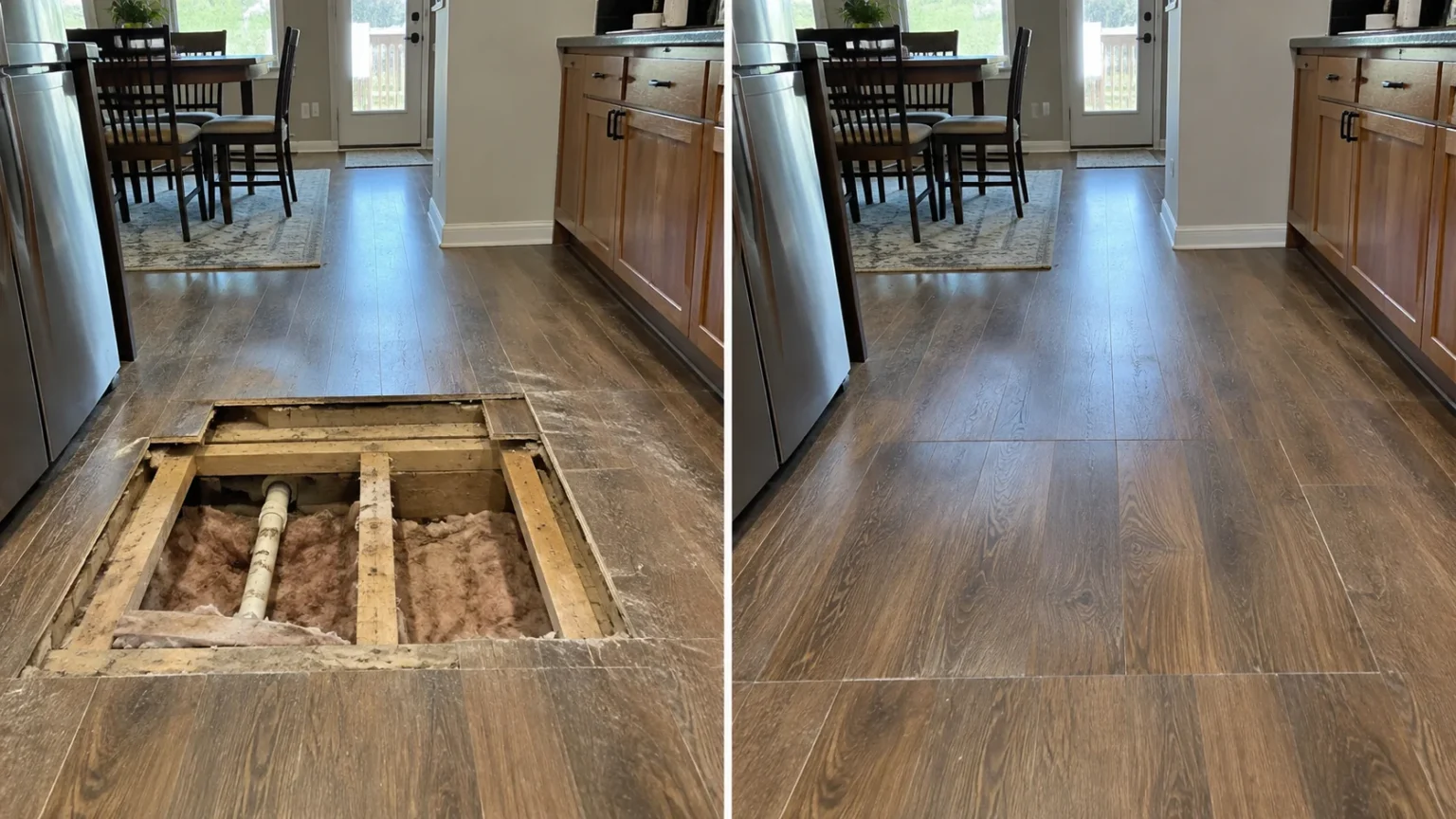 Hallway Floor Framing Repair Before and After in Marion, Iowa