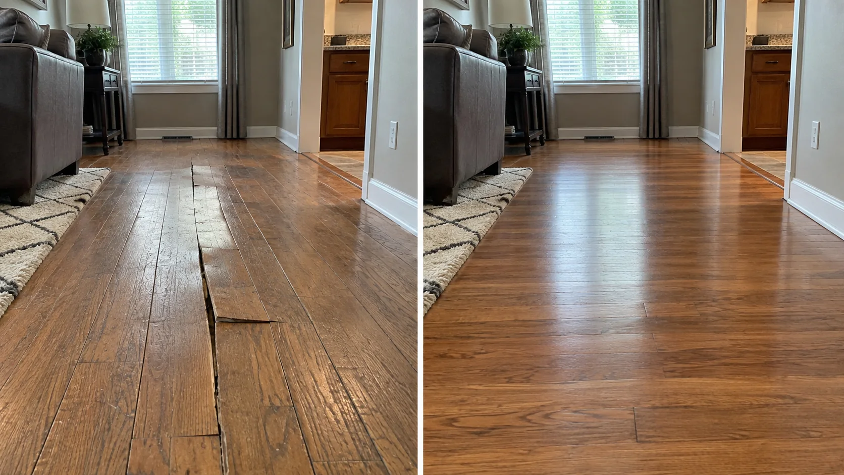 Wood Floor Damage and Repair Before and After in Marion, Iowa
