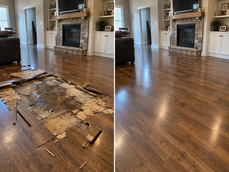 Living Room Subfloor Repair Before and After in North Liberty, Iowa