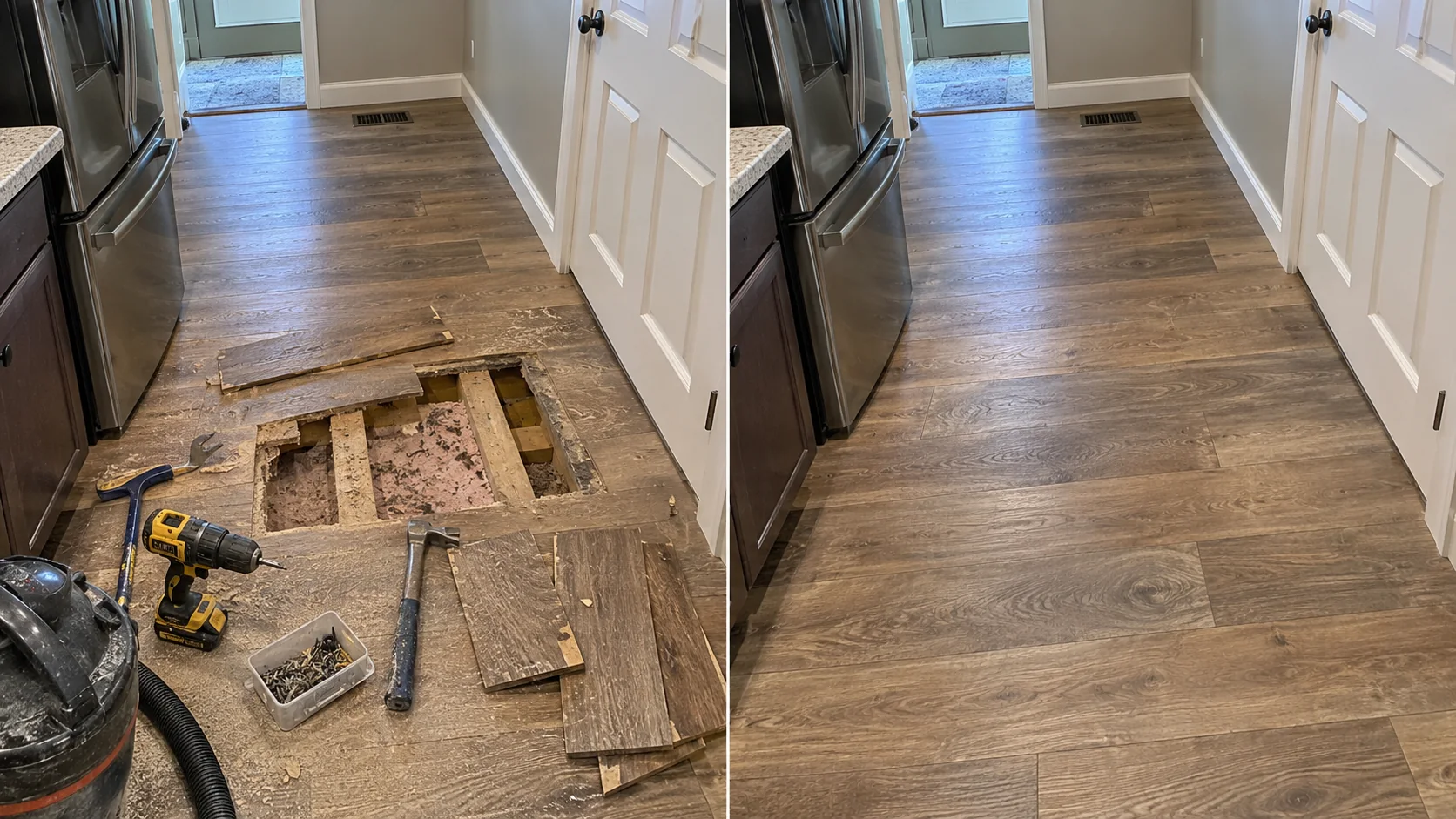 Kitchen Floor Framing Repair Before and After in North Liberty, Iowa