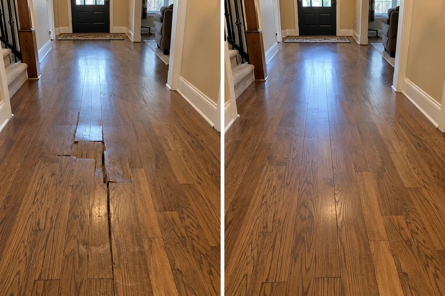 Wood Floor Board Repair Before and After in North Liberty, Iowa