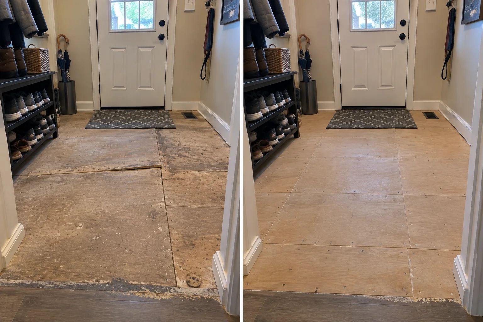 Entryway Subfloor Repair Before and After in Coralville, Iowa